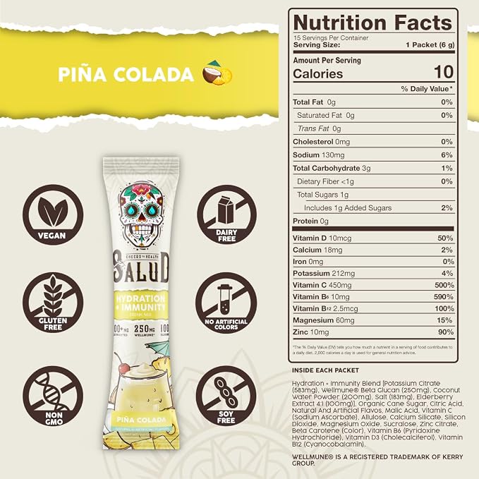 Salud 2-in-1 Hydration Packets + Immunity Electrolytes Powder, Piña Colada - Image 3