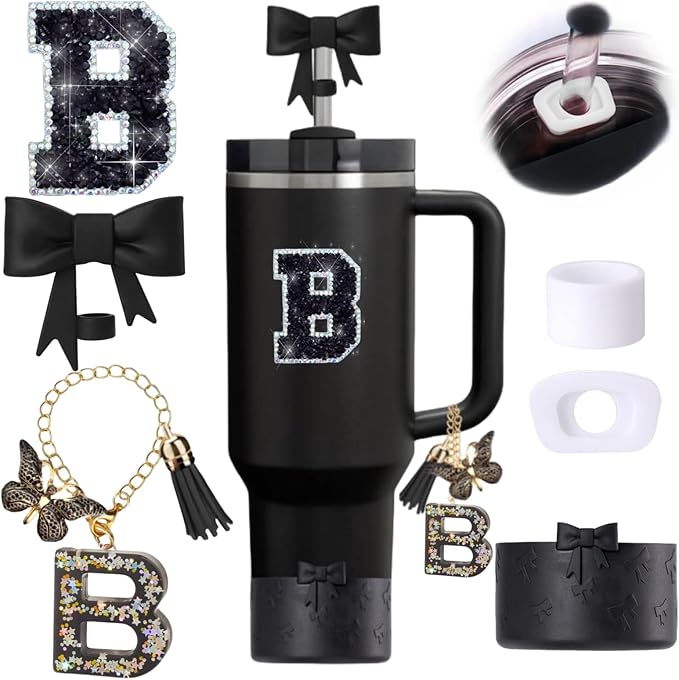 6pcs Black Stanley Cup Accessories Set, Bow Straw Topper by MOTEERLLU