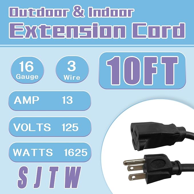 Indoor Outdoor Extension Cord 10 FT, 16/3 SJTW Weatherproof Black Electrical - Image 2