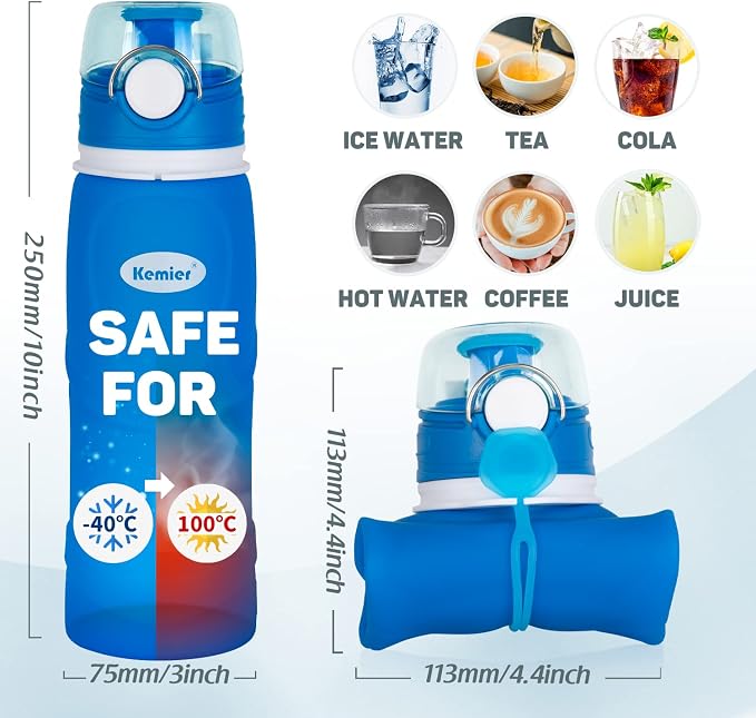 Kemier Collapsible Silicone Water Bottles-750ML, Medical Grade, BPA Free Travel - Image 5
