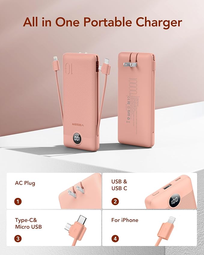 VEGER Portable Charger with Built-in AC Plug and Cables, All in One 10000mAh - Image 2