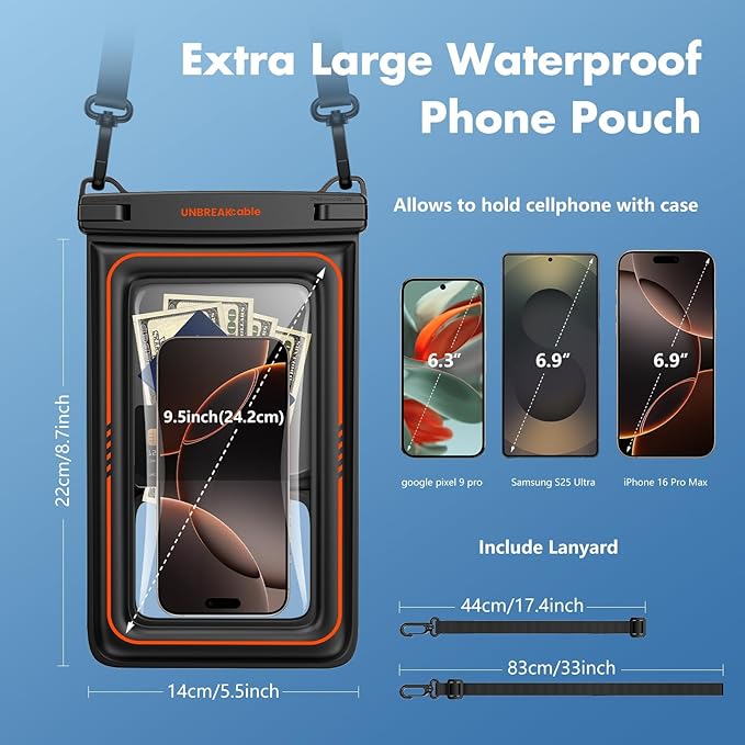 UNBREAKcableXL Size EXTRA Large Waterproof Phone Pouch Floating IPX8 Phone Case - Image 4