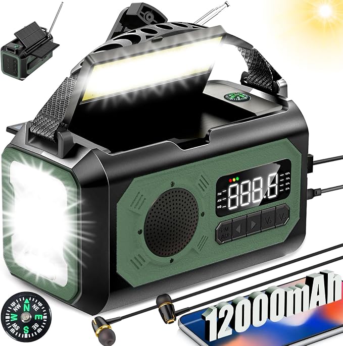 44400mWh/12000mAh Emergency Radio, Hand Crank Portable Solar Radio AM/FM/NOAA by NEPIVEL