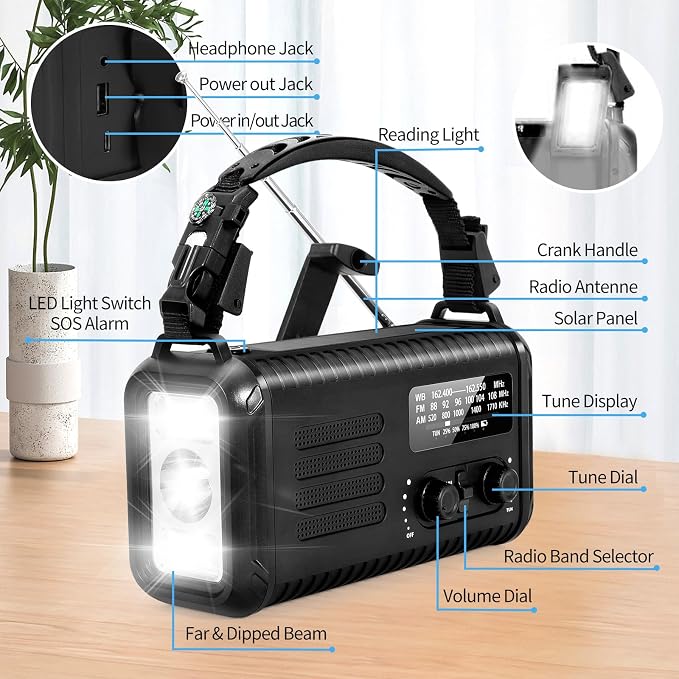 20000mAh Emergency Crank Radio, NOAA/AM/FM Portable Weather Radio, Solar Hand - Image 7