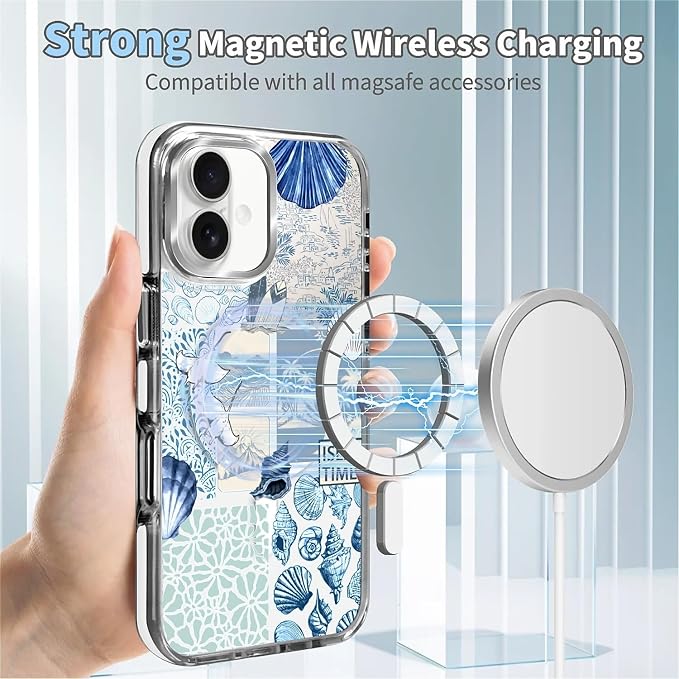 Case for iPhone 16 Plus, Sea Life Ocean Waves Seashell Collage Phone Case - Image 4