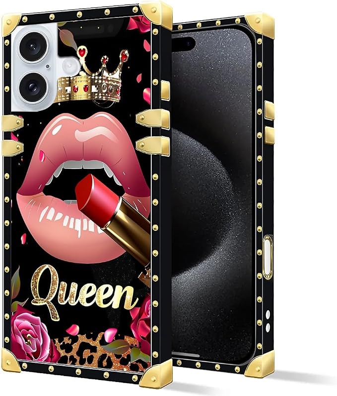Compatible with iPhone 16 Plus Case, Glitter Red Rose Queen Leopard Lipstick - Image 3