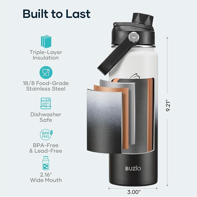 BUZIO 24 oz Water Bottle Insulated, Leakproof Stainless Steel Flask, Wide Mouth - Image 4