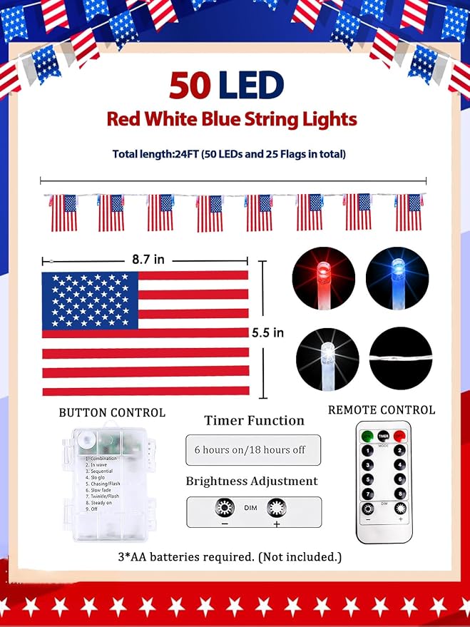 4th of July Decoration, 24FT 50LED Red White and Blue String Lights 25 American - Image 6