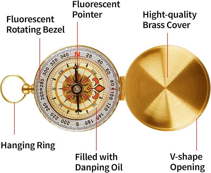 Brass Pocket Compass with Luminous Dial, Sports Waterproof Navigation Maganetic - Image 3