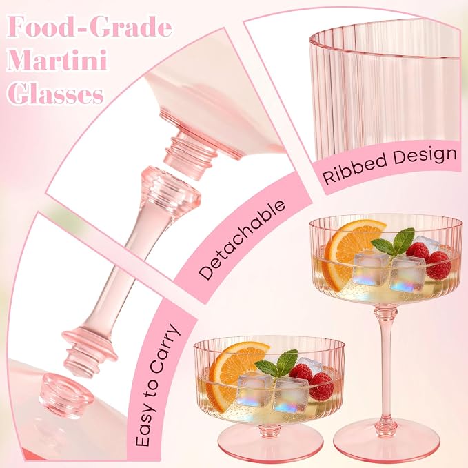 PLULON 6 Pcs Pink Champagne Martini Glasses Set 10 Oz Plastic Ribbed Coupe Cup - Image 4