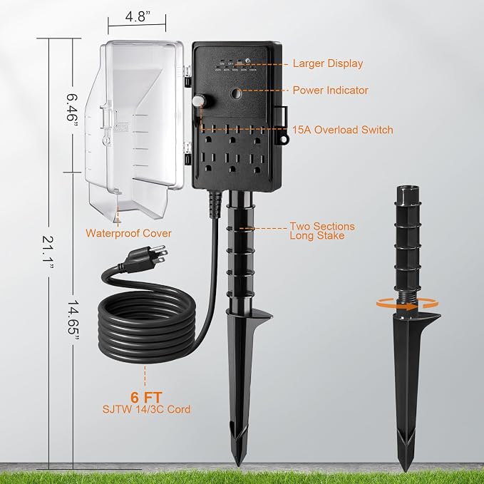 SURAIELEC Outdoor Power Stake Light Timer, Dusk to Dawn, 6 Electrical Outlet - Image 7