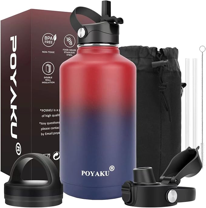 Water Bottle Insulated 32oz 40oz 64oz 128oz Straw Lid Spout Lid & 3 Lids by POYAKU