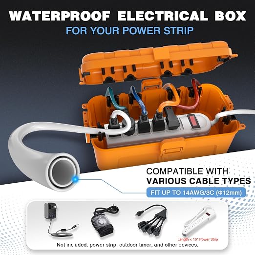 Flemoon Medium Outdoor Electrical Box, IP54 Waterproof Extension Cord Cover w/6 - Image 2