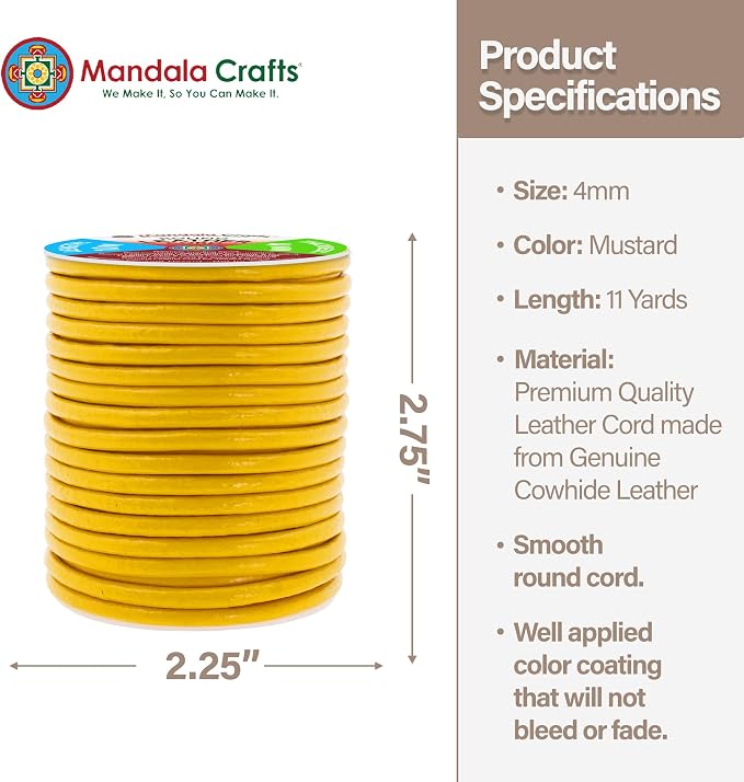 Mandala Crafts Round Genuine Mustard Yellow Leather Cord - Image 4