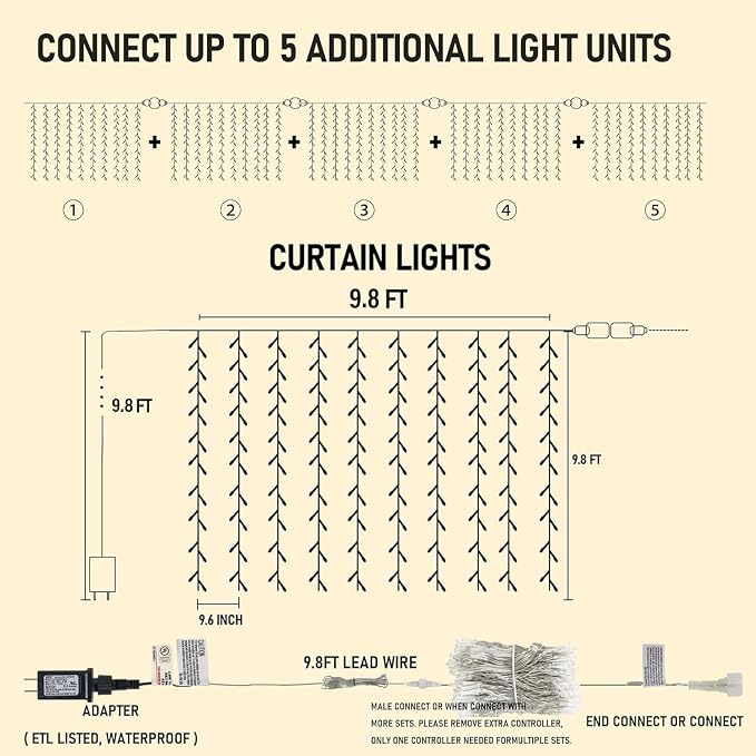 Dazzle Bright 300 LED Curtain Lights, Plug in Fairy Curtain Lights - Image 2