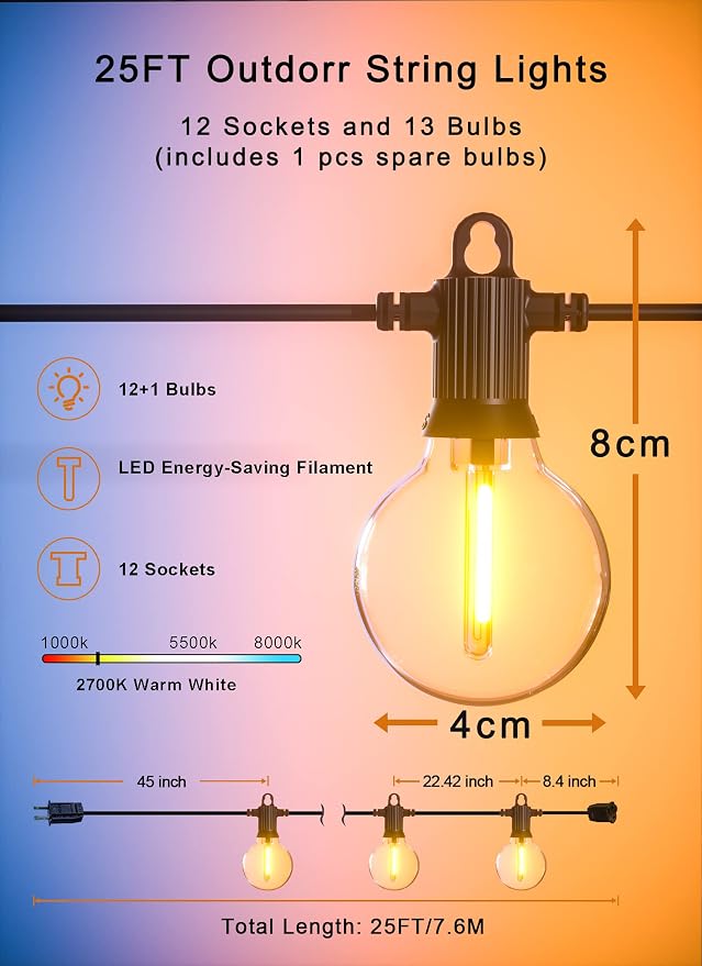 Zuske Outdoor String Lights, 25FT Patio Lights - Image 5
