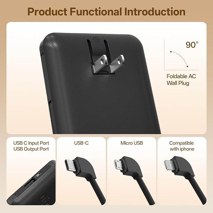 Brand Q Portable Charger with Built-in Cables and AC Wall Plug, Slim USB C - Image 4