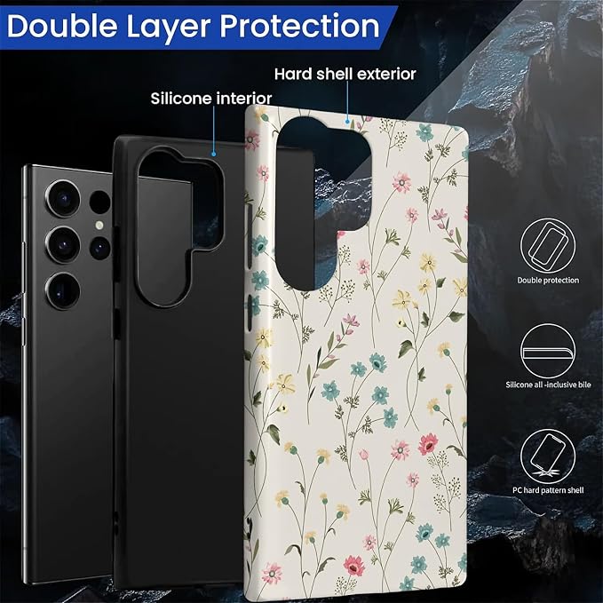 for Samsung Galaxy S24 Ultra Case, HL2 Beige Flower Branch Hybrid 2 Layer Hard - Image 2