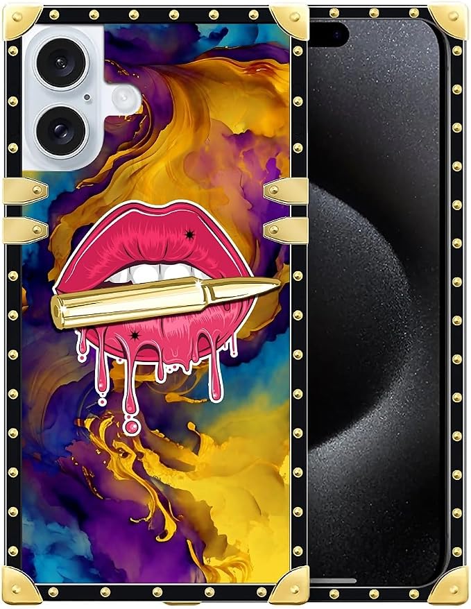 Compatible with iPhone 16 Plus Case, Cool Corlorful Lip Marble Luxury Golden by Unknown