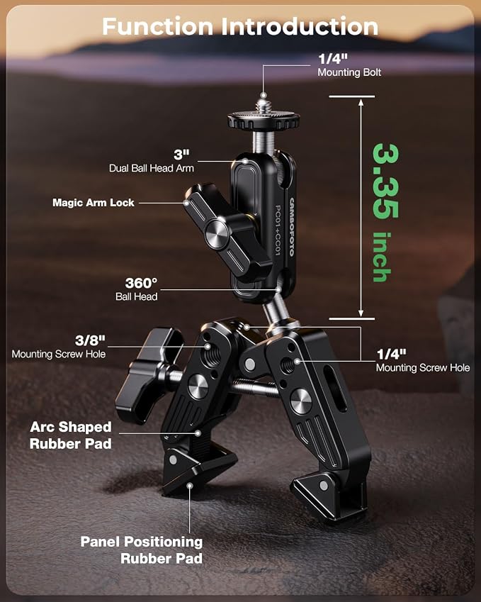 Super Clamp Camera Mount, 360° Dual Ballhead Magic Arm, 1/4"-20 & 3/8"-16 - Image 4