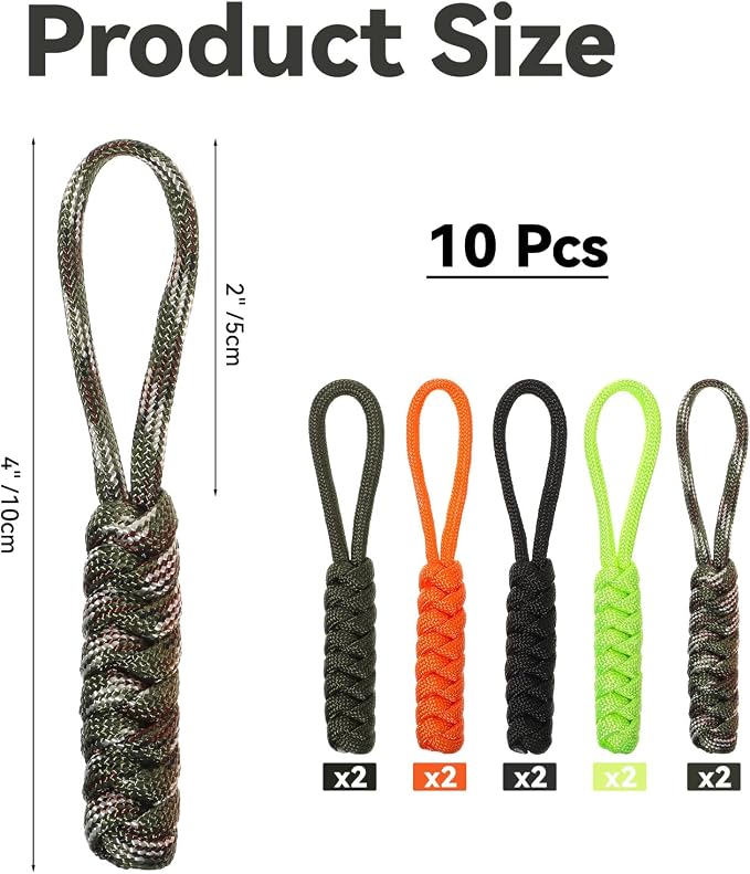 10 Pieces Paracord Zipper Pull Replacement Zipper Pulls Tab 4" Keychain - Image 2