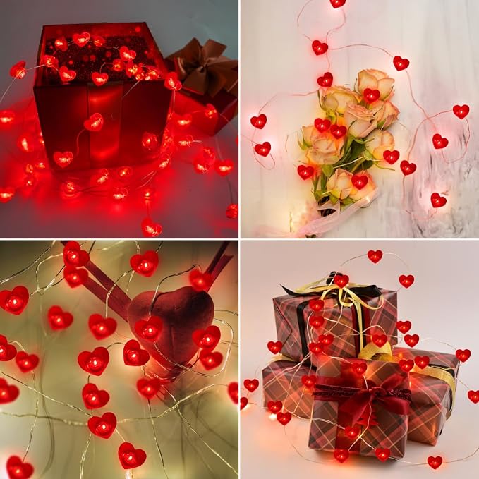 10FT Red Heart Fairy Lights Battery Operated - Image 3