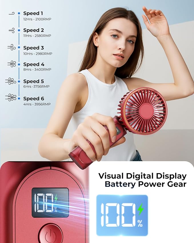 Portable Handheld Fan, 180 Adjustable, 6 Speed Wind, Display Electricity in - Image 5