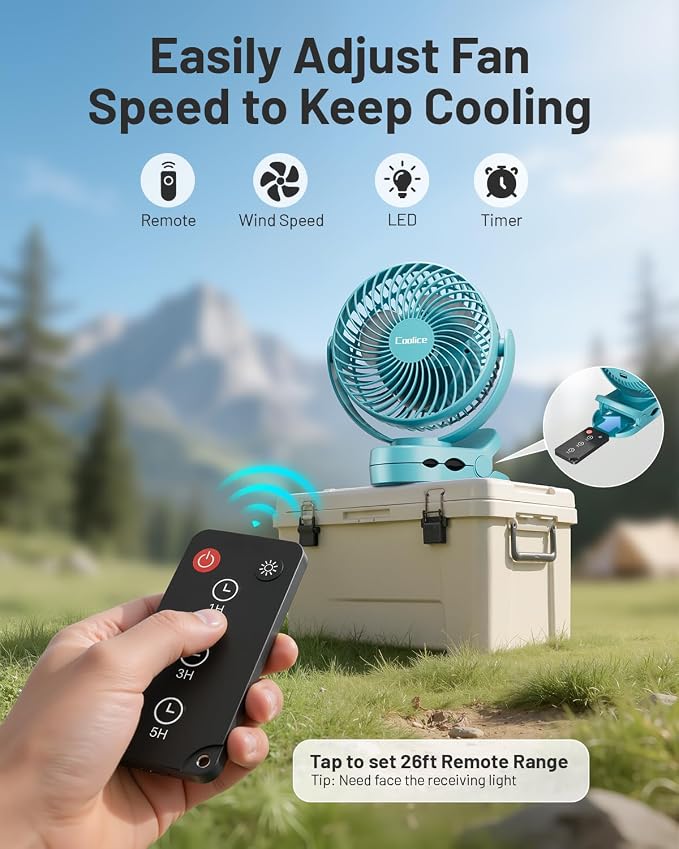 Camping Fan with Remote Control - 12000mAh Rechargeable Battery Powered Fan - Image 4