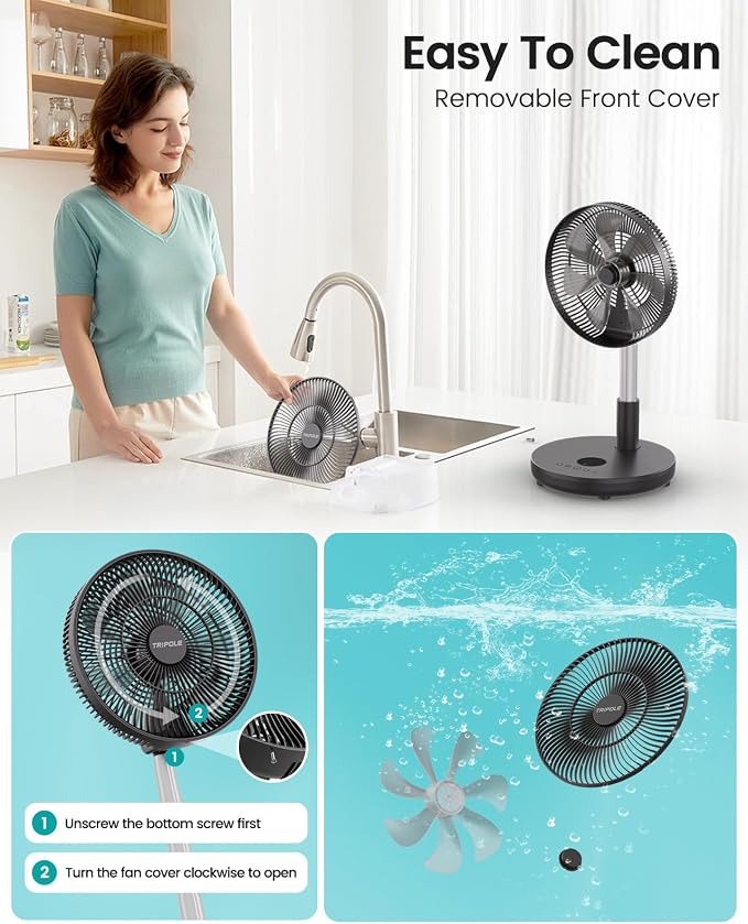 TriPole Foldable Standing Fan 12" Portable Rechargeable Battery Pedestal Fan - Image 8