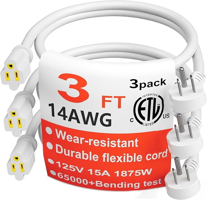 HUANCHAIN 14 Gauge 3 Feet Flat Plug Extension Cord White Indoor Outdoor by huanchain