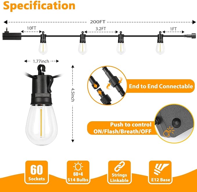Outdoor String Lights Waterproof, 200FT LED Patio Light - Image 6