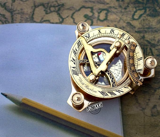 Vintage Brass Sundial Compass, Antique Style Maritime Navigation Instrument - Image 7