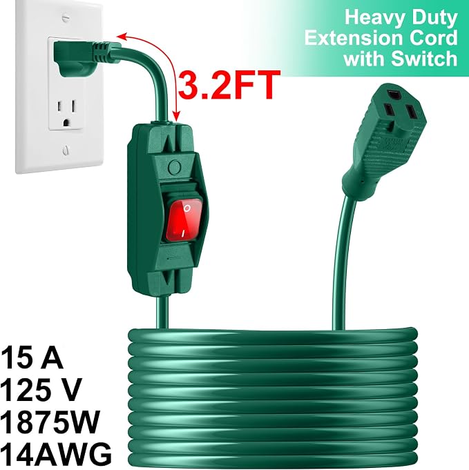 Outdoor Waterproof On/Off Switch Extension Cord, Heavy Duty 125v/250v Black - Image 3