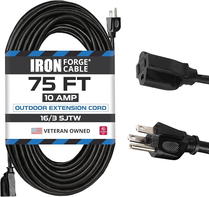 Iron Forge Cable 75 Ft Black Extension Cord, 75 Foot Extension Cord, 3 Prong by IronForgeCable