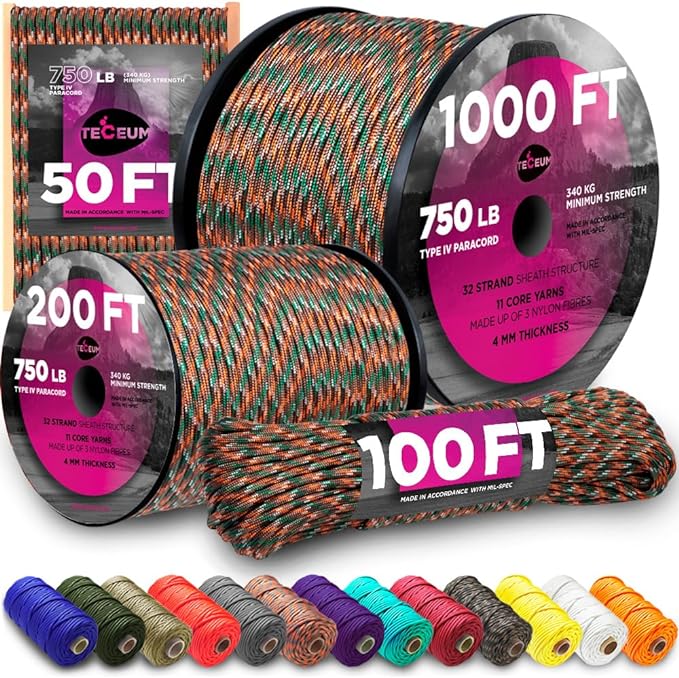 TECEUM 5/32" Paracord Rope 1000 – 1000ft / 200ft / 100ft / 50ft – Tactical by TECEUM