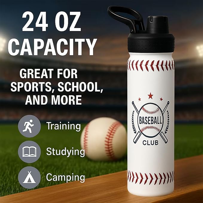 Baseball Water Bottle, 24 oz Insulated Stainless Steel Sports Bottle - Image 7