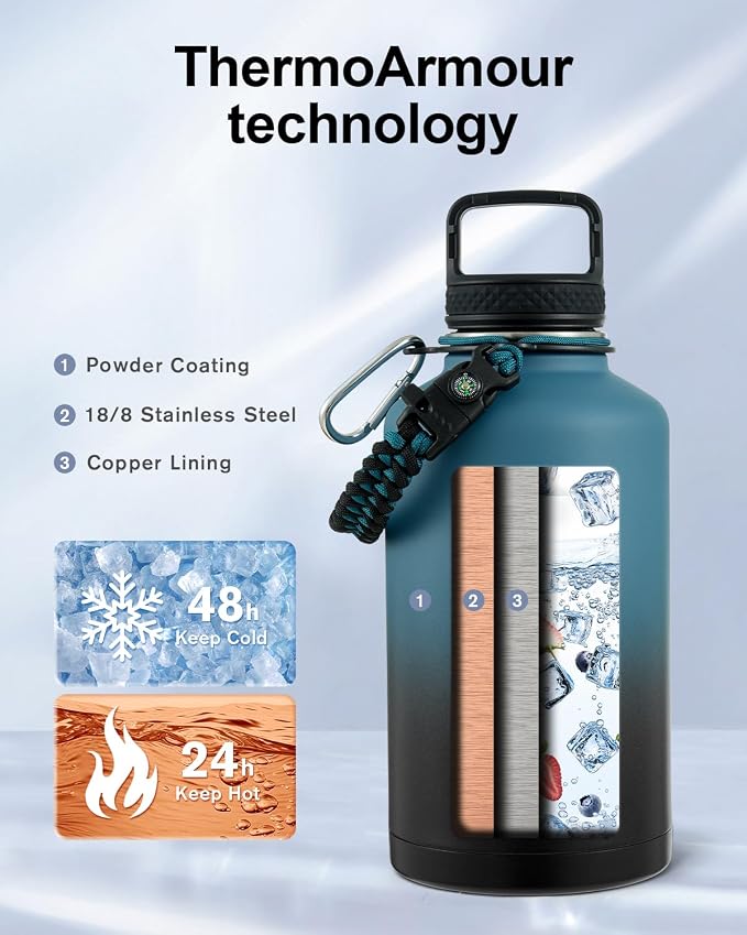 Trebo Water Bottle 64oz with Paracord Handle, Half Gallon Large Vacuum Triple - Image 2