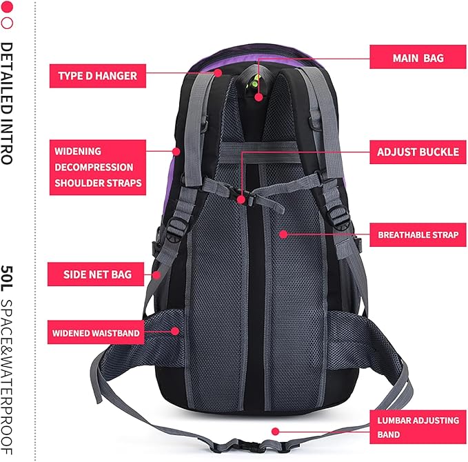 Bseash 50L Hiking Backpack, Water Resistant Lightweight Outdoor Sport Daypack - Image 6