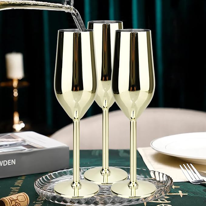 TJ Unbreakable 8 Oz Stainless Steel Champagne Flutes- Gold Champagne Glasses - Image 4