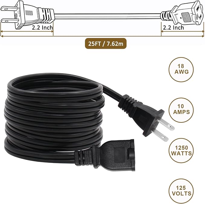 25 FT 2 Prong Extension Cord, 18AWG SPT-2 Indoor Male to Female Power Cord ETL - Image 3