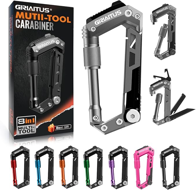 Carabiner Multitool with Pocket Knives, 8-in-1 EDC Carabiners, Serrated Knife by GIRIAITUS