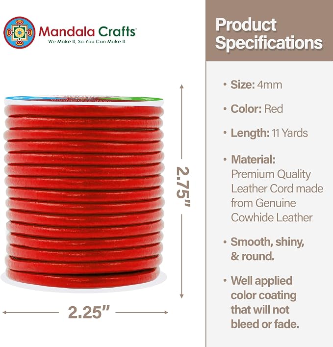 Mandala Crafts Round Cowhide Genuine Red Leather Cord - Image 4