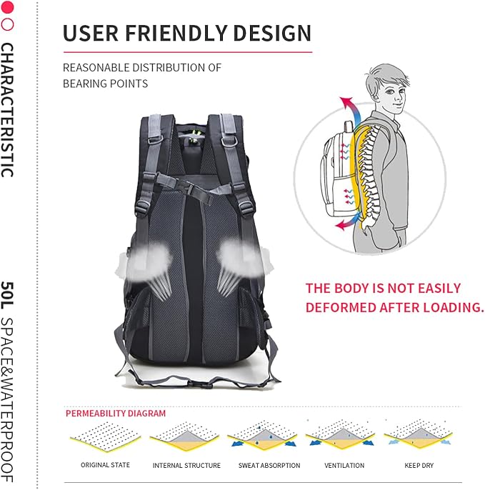 Bseash 50L Hiking Backpack, Water Resistant Lightweight Outdoor Sport Daypack - Image 8