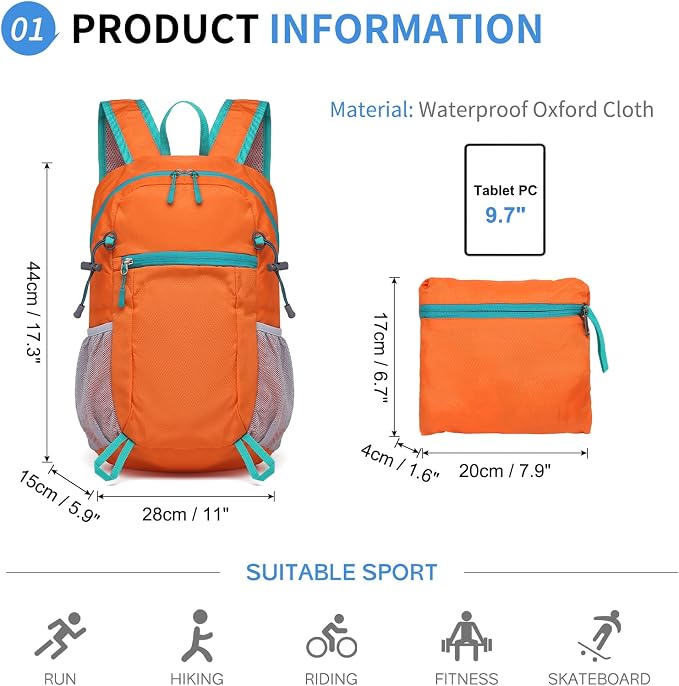 Hiking Daypack Packable, Camping Backpack Water Resistant Lightweight Polyester - Image 2
