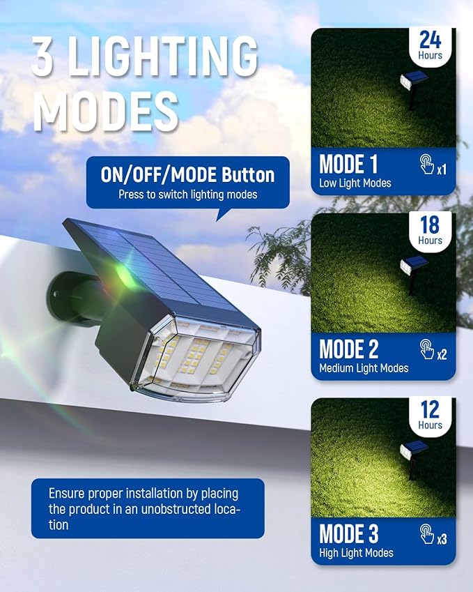 AUDERWIN Solar spotlights Outdoor 63 LED 3 Lighting Modes, IP65 Waterproof - Image 4