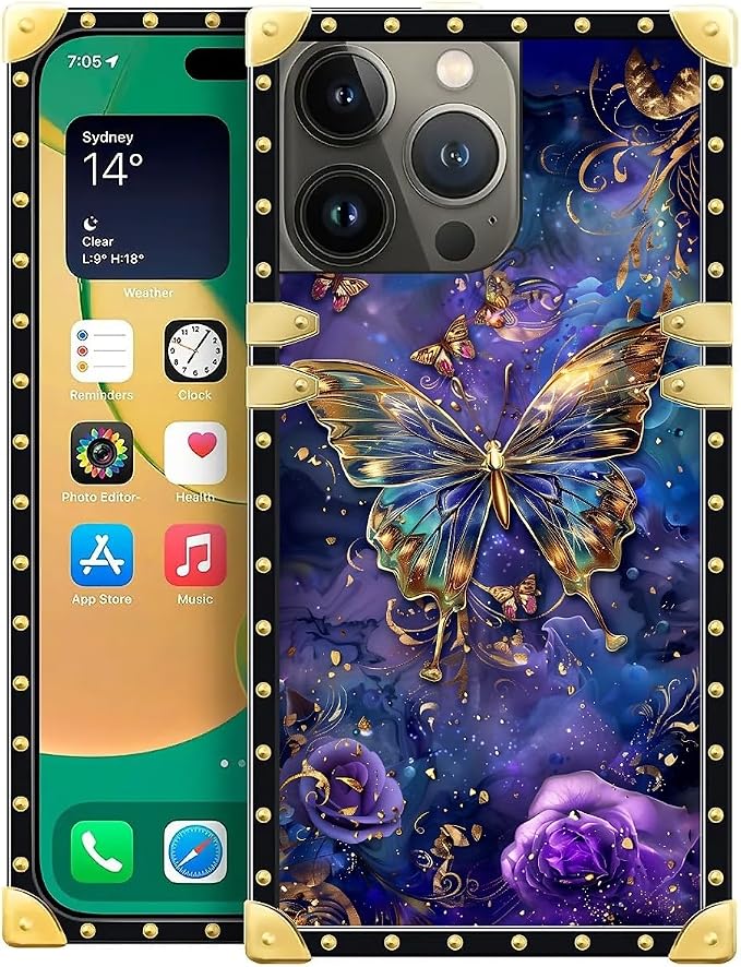 Compatible with iPhone 14 Pro Case, Glistening Golden Butterfly Vibrant Purple by Unknown