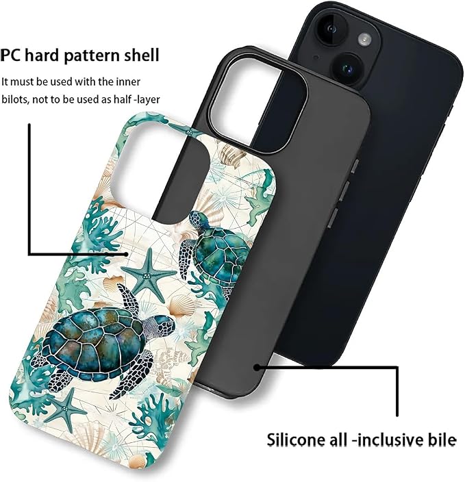 for iPhone 15 Plus Case, HH2 Ocean Sea Turtle Nautical Map Hybrid 2 Layer Hard - Image 3