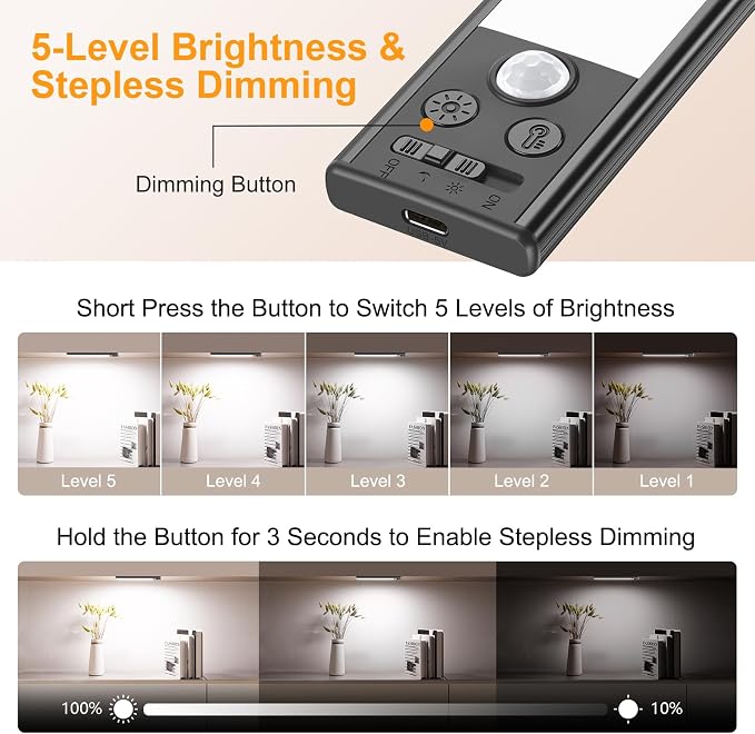 Gritin 10.2inch Under Cabinet Lighting Rechargeable 2 Pack- 3 Color Temps&5 - Image 5