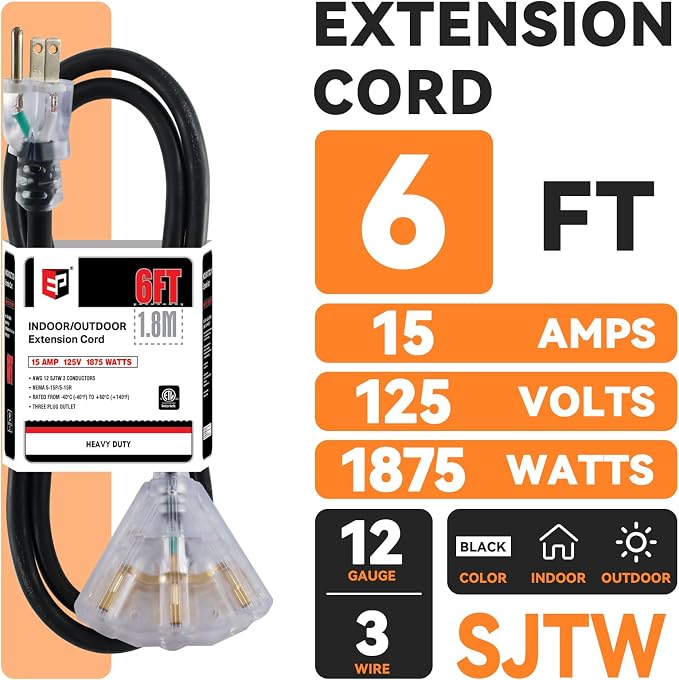 EP 6 Ft 12 Gauge Heavy Duty Extension Cord, 15A 125V 1875W, 3 Outlet - Image 2
