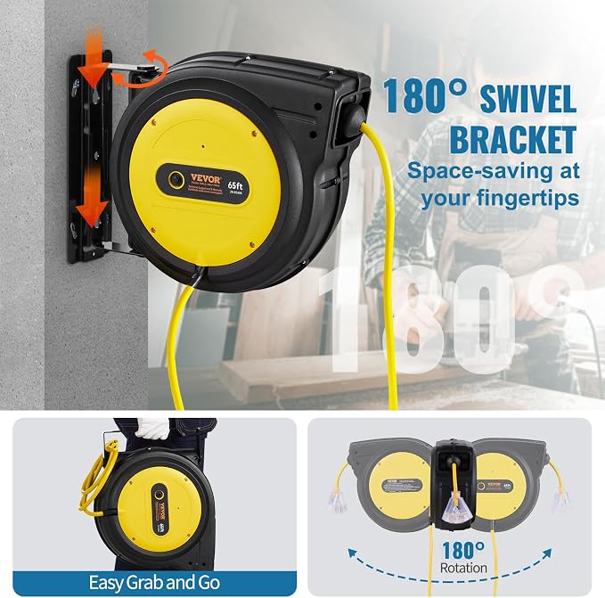 VEVOR Retractable Extension Cord Reel, 65 FT, Heavy Duty 12AWG/3C SJTOW - Image 6